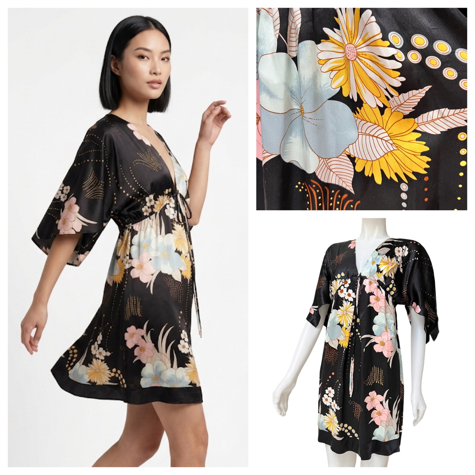 Yumi Kim 100% Silk Kimono Tunic Dress Babydoll Floral Mini Whimsygoth Sz Small